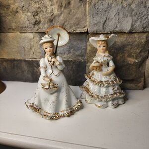 Vtg 50s Lot Of 2 Lefton Victorian Ladies Parasol & Handkerchief KW10307 Japan